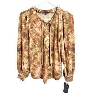 Democracy Women's Blouson Sleeve Lace-Up Front‎ Tie Dye Print Top Size Small NEW